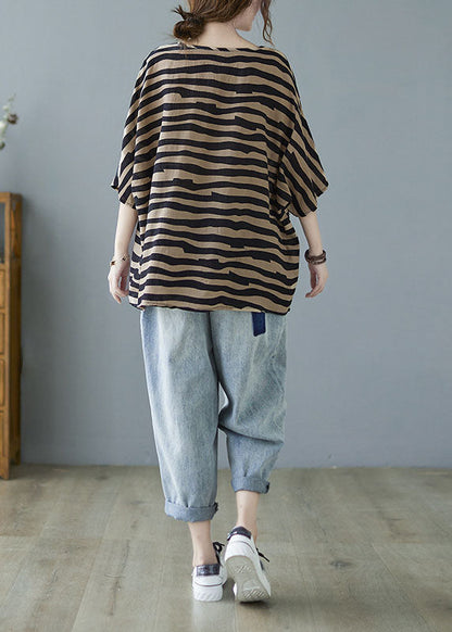 Khaki V Neck Bat Wing Sleeve Striped Print Fall Blouses