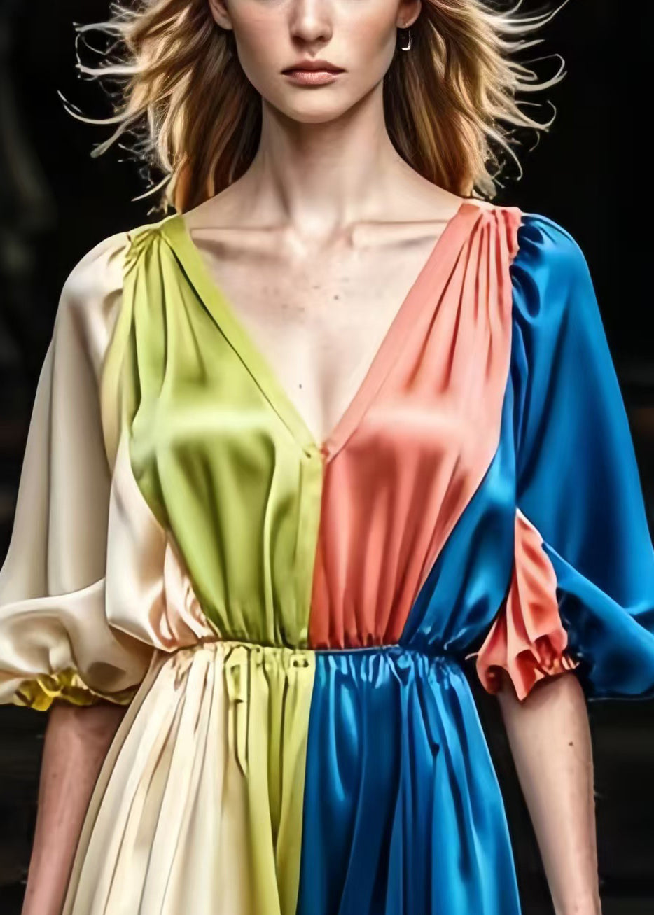 Colorblock V Neck Patchwork Draping Silk Dress Summer