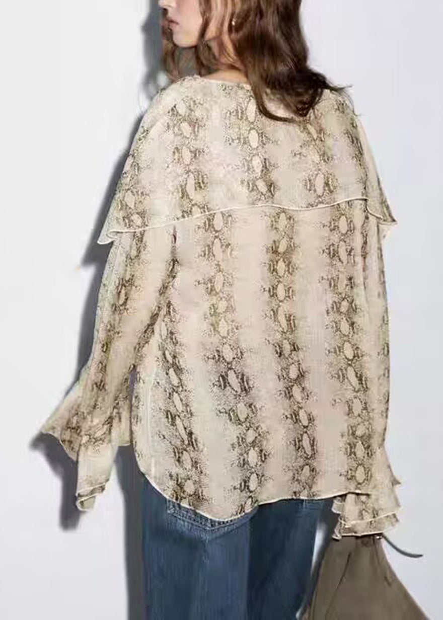 Original Design V Neck Print Chiffon Shirt Flare Sleeve