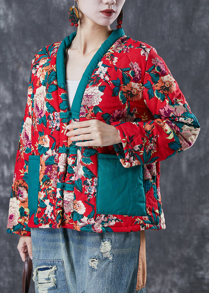 Red Print Patchwork Fine Cotton Filled Jacket Pockets in Winter