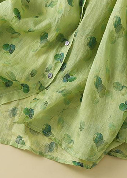 Green Peter Pan Collar Print Button Linen Shirts Long Sleeve
