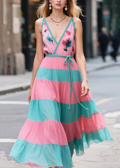 Pink Tie Waist Patchwork Chiffon Long Dresses Summer
