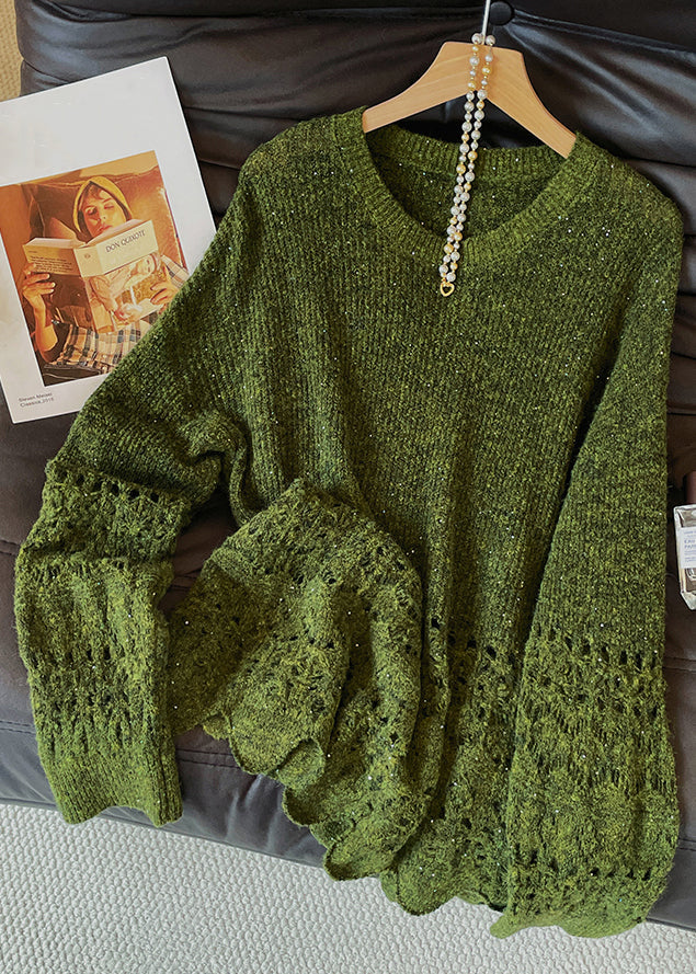 Green O Neck Hollow Out Knit Sweaters Fall