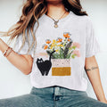 Abstract Creative Potted Plant And Black Cat Embroidery Pattern Drawing Art T-Shirt elevenforest