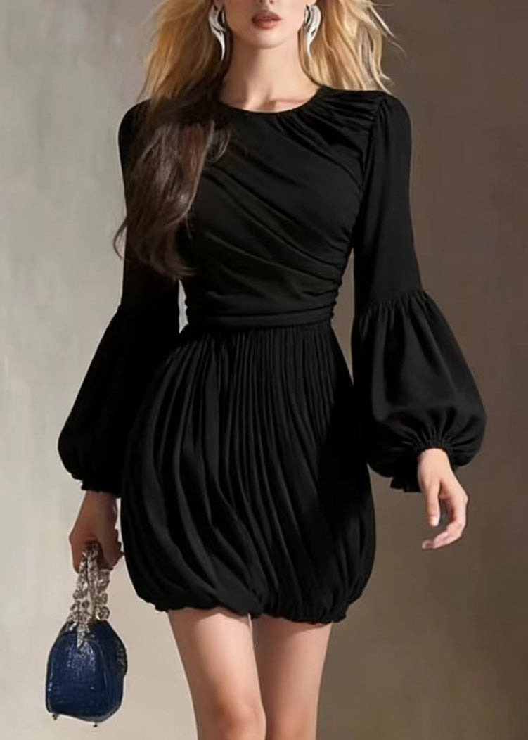 Black O Neck Wrinkled Patchwork Dress Lantern Sleeve