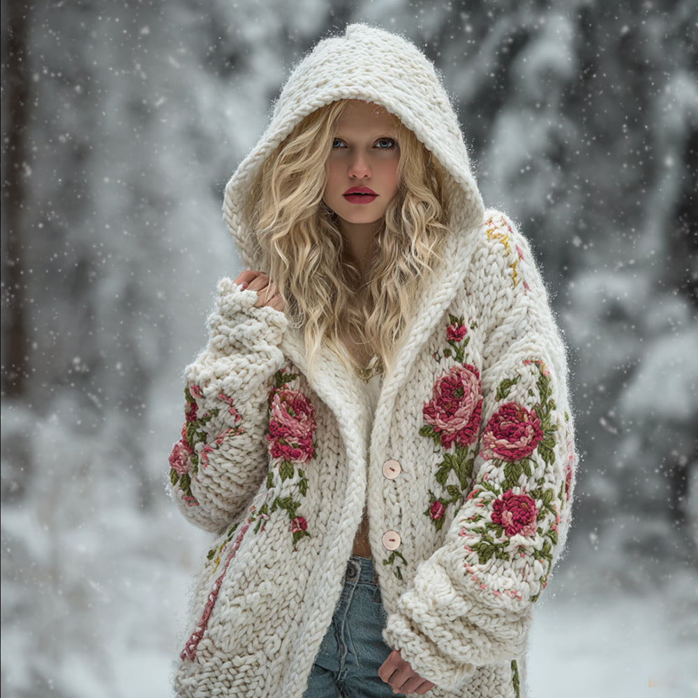 Comstylish Viking Style Celtic Knot Pink Rose Hooded Cardigan Sweater