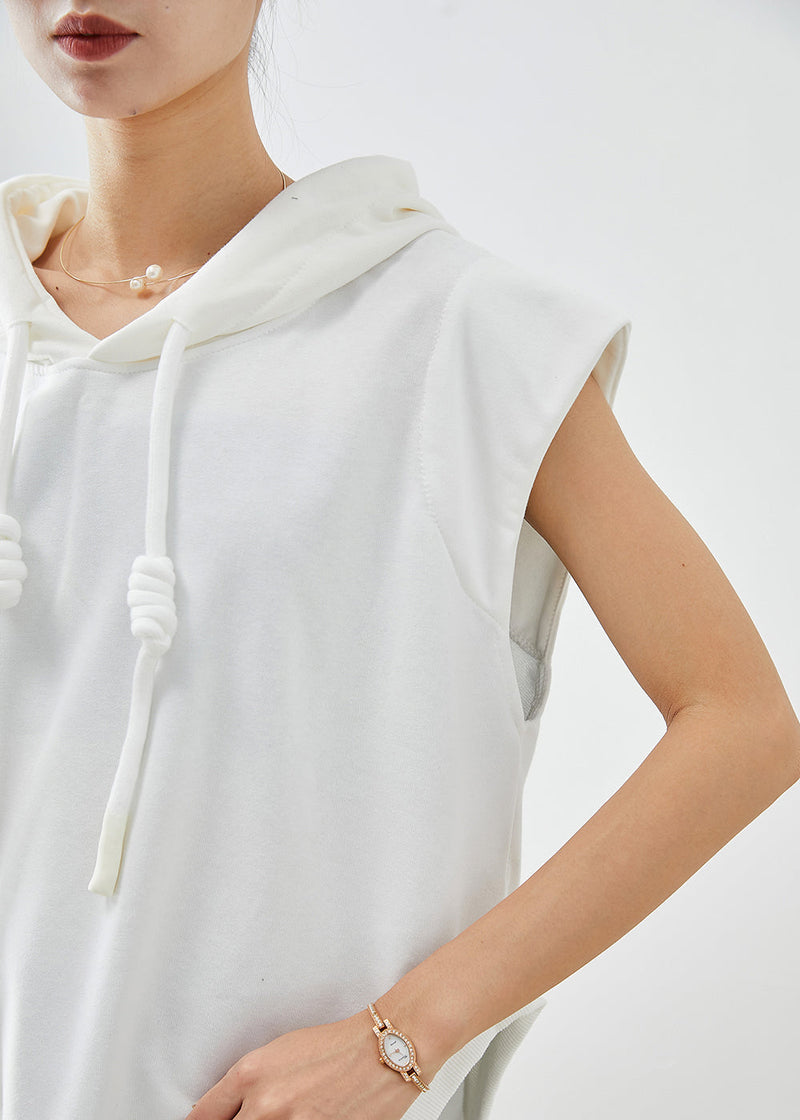 White Hooded Drawstring Side Open Cotton Sweatshirts Top Sleeveless