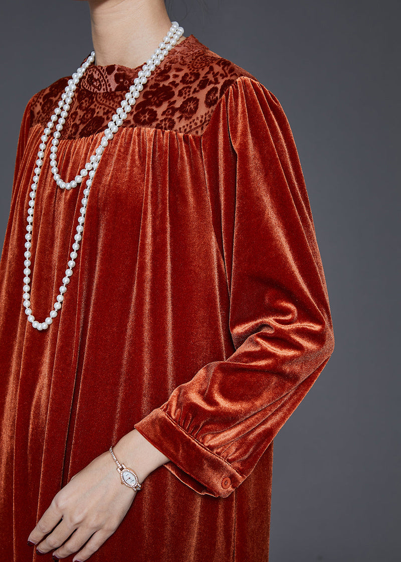 Caramel Oversized Patchwork Silk Velour Ankle Dress Spring