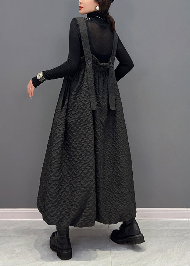 Black Wrinkled Pockets Patchwork Cotton Carpenter Dresses Fall