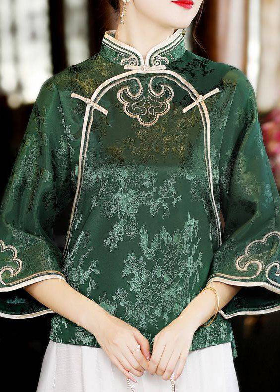 Oriental Green Stand Collar Button Silk Tops Three Quarter Sleeve