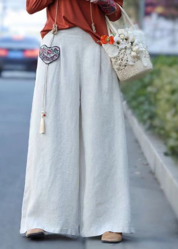 Unique Red Wrinkled Embroideried Pendant Linen Wide Leg Pants Spring