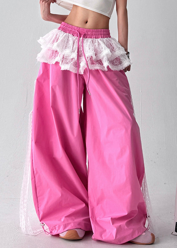 Pink Lace Patchwork Cotton Wide Leg Pants Fall