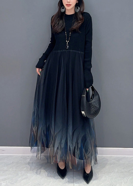 Black Knit Patchwork Tulle Dress Long Sleeve