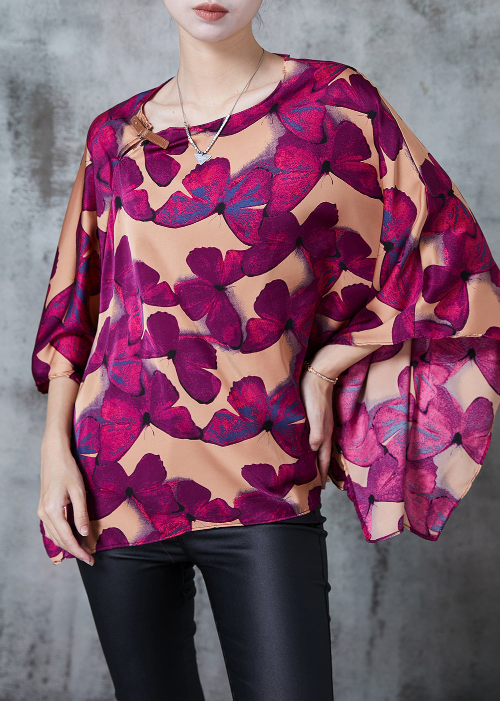Brown Oversized Butterfly Silk Shirt Batwing Sleeve Spring