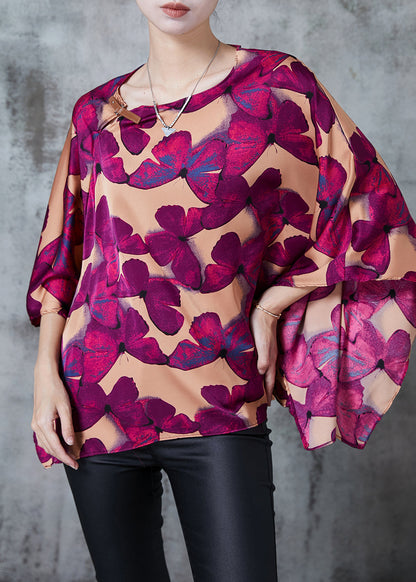 Brown Oversized Butterfly Silk Shirt Batwing Sleeve Spring