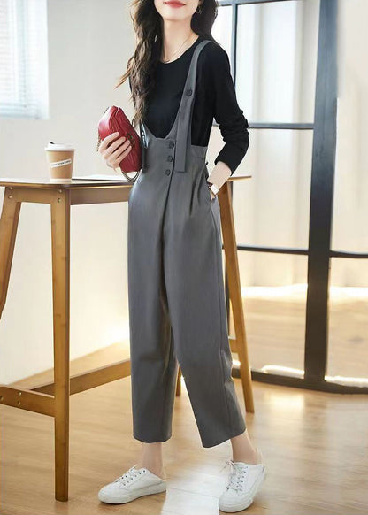Grey Pockets High Waist Patchwork Cotton Jumpsuits Fall