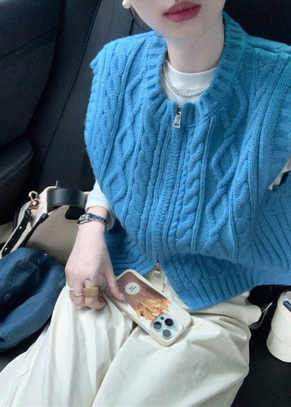 Art Blue O-neck Zippered Cozy Cable Knit Waistcoat Sleeveless