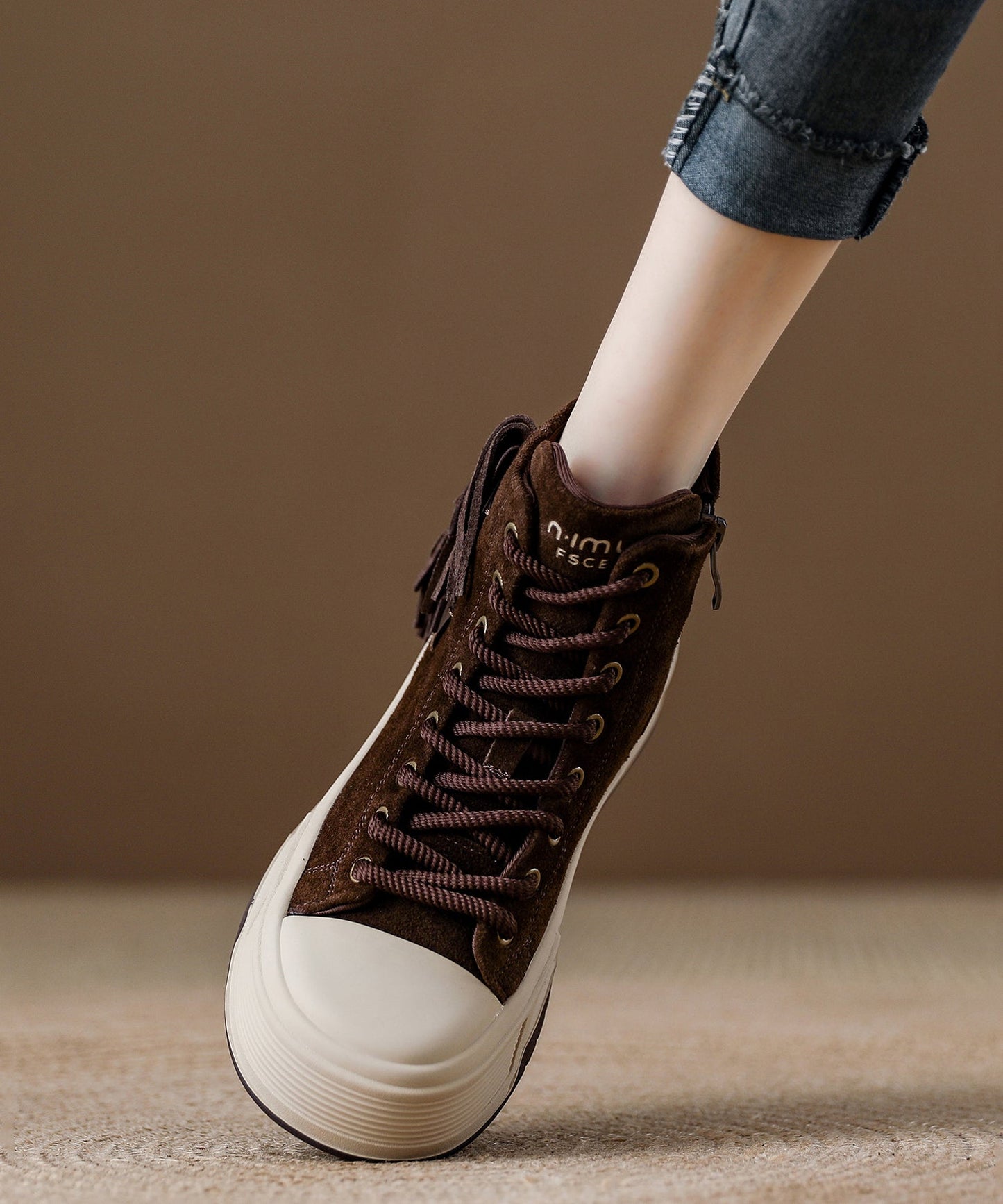 Coffee Tassel Lace Up Splicing Suede Boots
