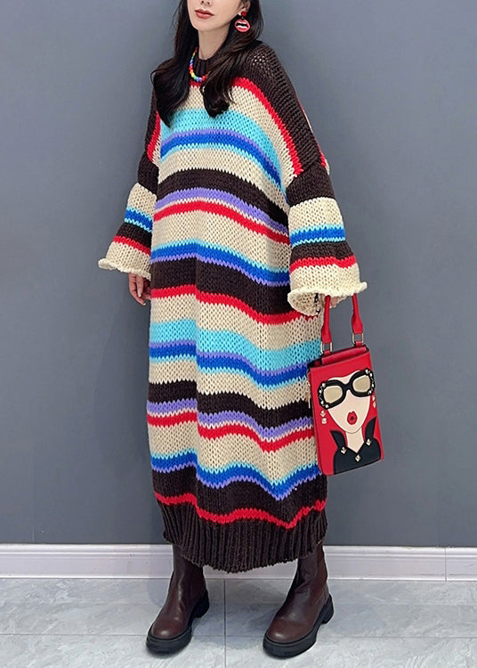 Loose Striped O-neck Hollow Out Patchwork Knit Dresses Fall