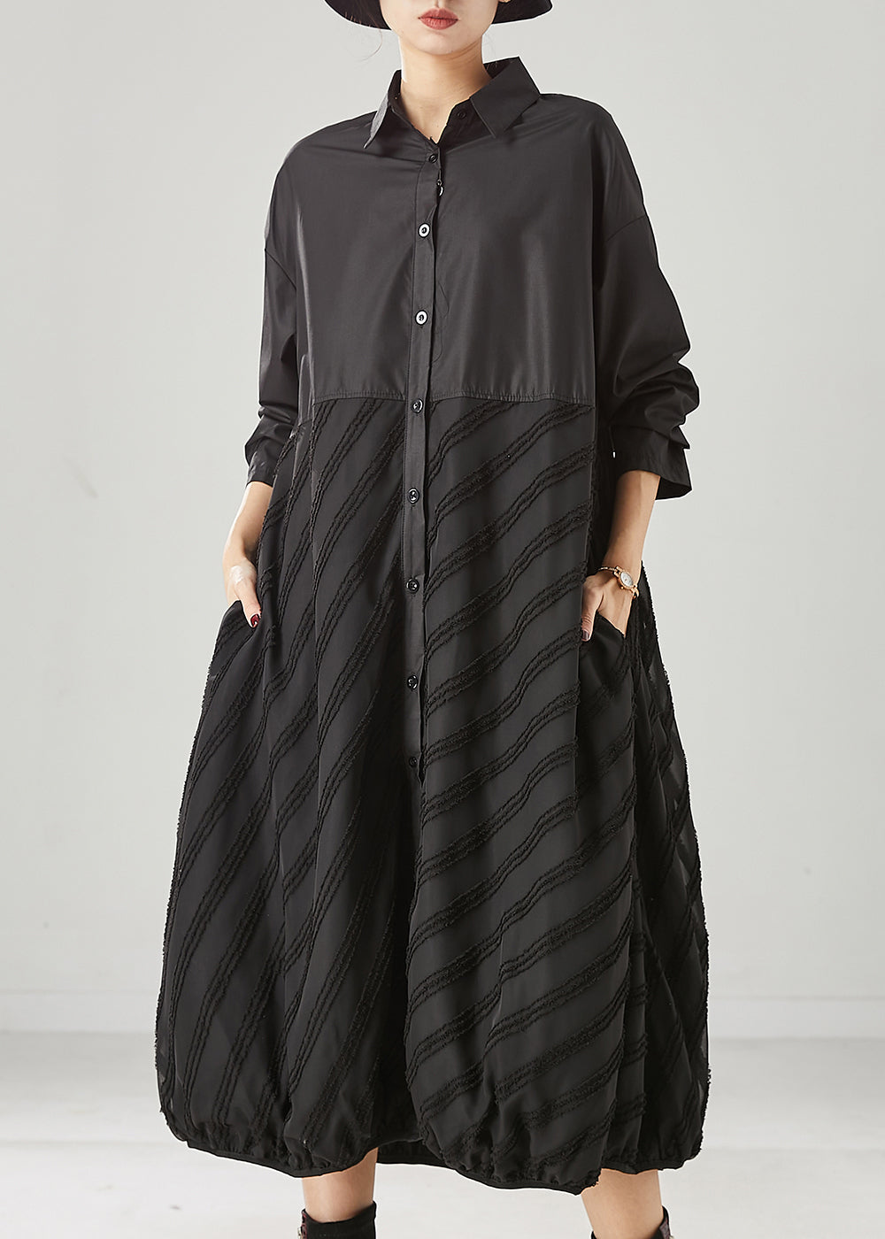 Black Oversized Patchwork Cotton Party Dress Spring