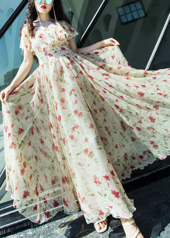 Pink V Neck Print Chiffon Exra Large Hem Dress Summer