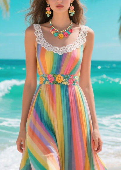 Italian Rainbow Patchwork Lace Chiffon Cami Dresses Summer