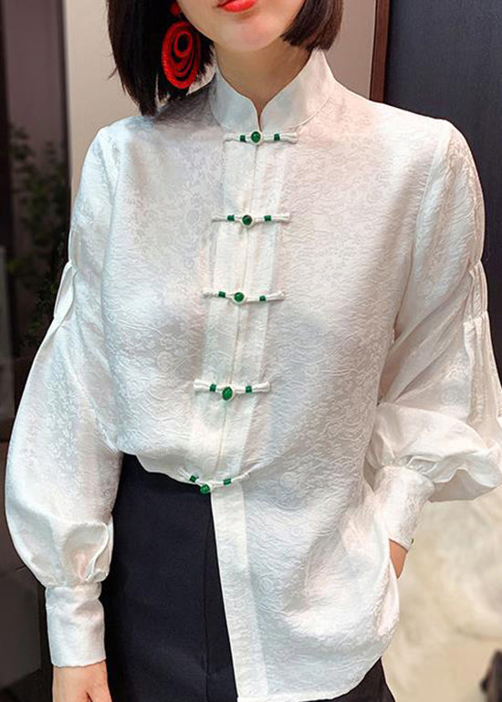 Chinese Style White Stand Collar Button Jacquard Silk Blouse Tops Lantern Sleeve