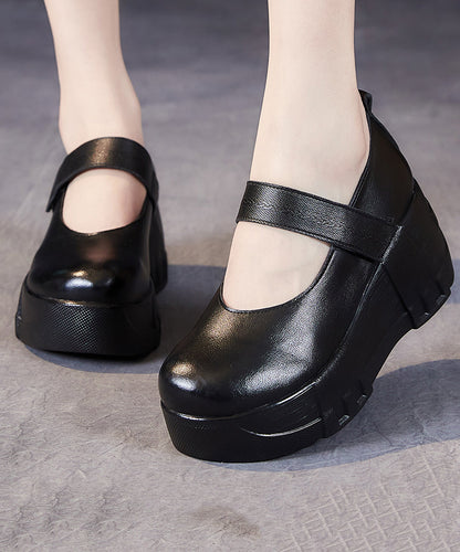 Black Cowhide Leather Buckle Strap High Wedge Heels Shoes