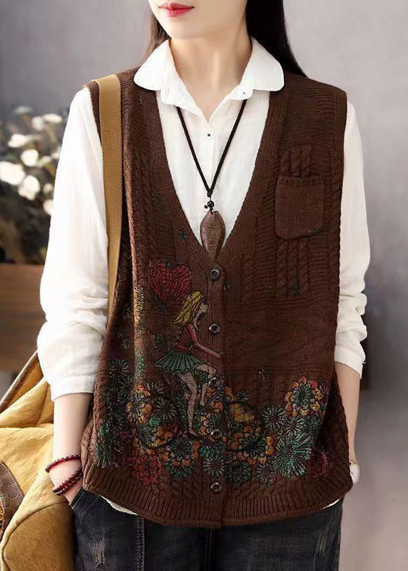 Brown V Neck Print Button Cotton Knit Waistcoat Sleeveless