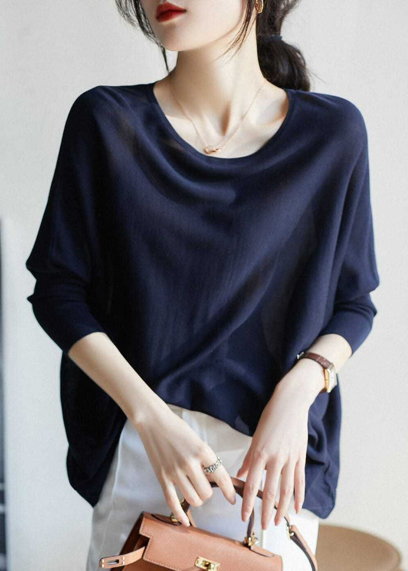 Navy O-neck Oversized Knit Top Batwing Sleeve