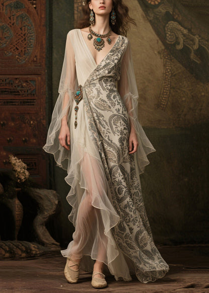 White Asymmetrical Print Chiffon Vacation Dress Summer