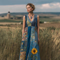 Vintage Cottagecore Blue Floral Patchwork Linen Maxi Dress artswardrobe