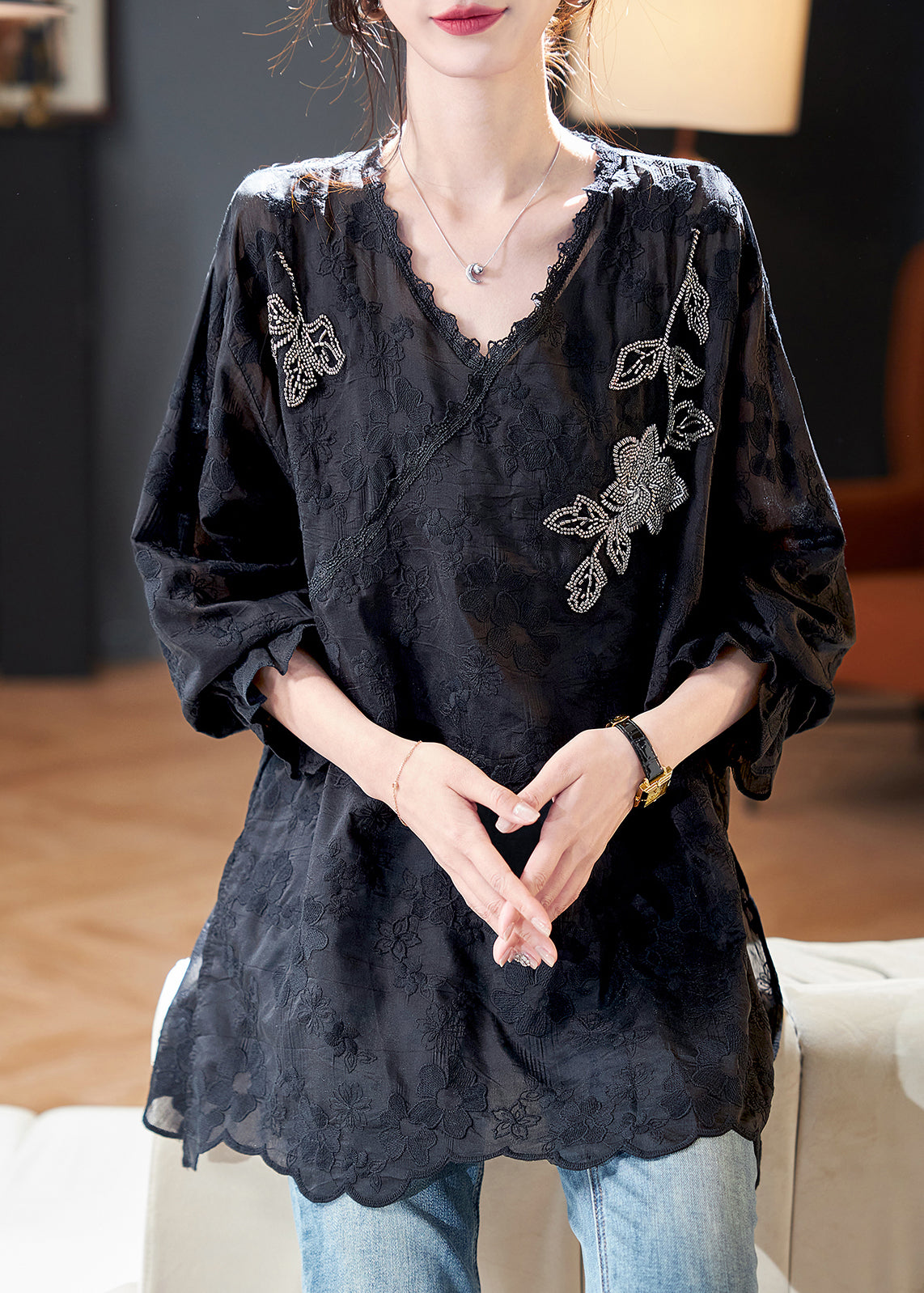 Stylish Black V Neck Embroidered Cotton Top Fall