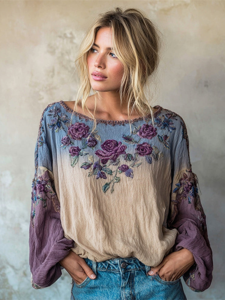 Boho Romantic Floral Embroidery Gradient Women's Linen Loose Shirt artswardrobe