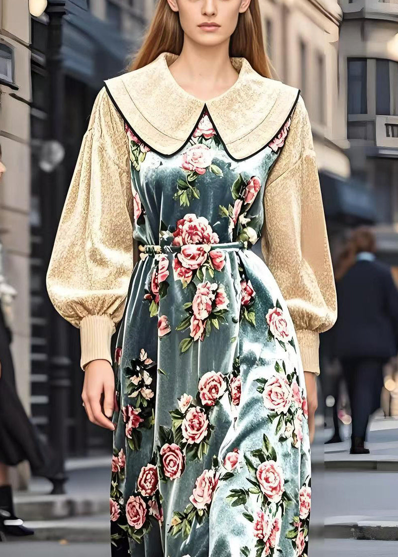 Beige Peter Pan Collar Patchwork Silk Velour Dresses Spring