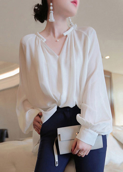 French White Button Chiffon Blouses Fall