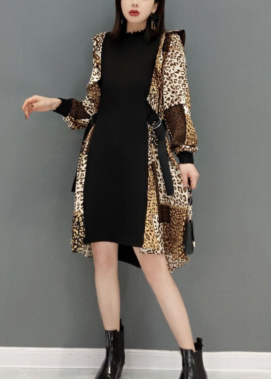 Leopard Print Tie Waist Patchwork Chiffon Dresses Spring