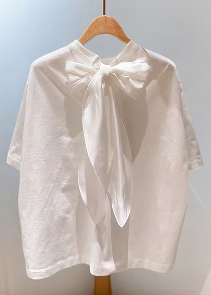 Simple White Lace Up Cotton T Shirts Summer