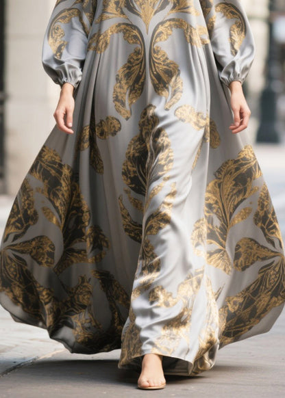 Grey Oversized Print Chiffon Maxi Dresses Fall