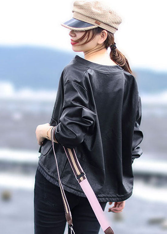 Black Button Drawstring Stand Collar Faux Leather Coats Long Sleeve