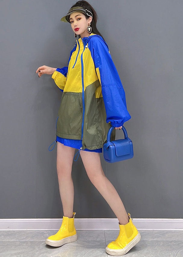 Classy Blue Yellow Hooded Zip Up Patchwork Coats and Shorts Two Pieces Set Summer