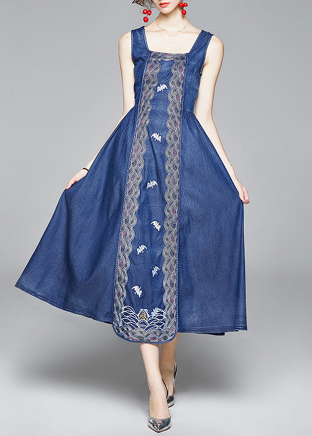 Organic Blue Cinched Embroideried Zippered Spaghetti Strap Cotton Denim Dress Spring