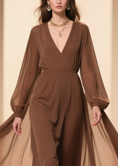 Coffee Wrinkled Chiffon Maxi Dresses V Neck