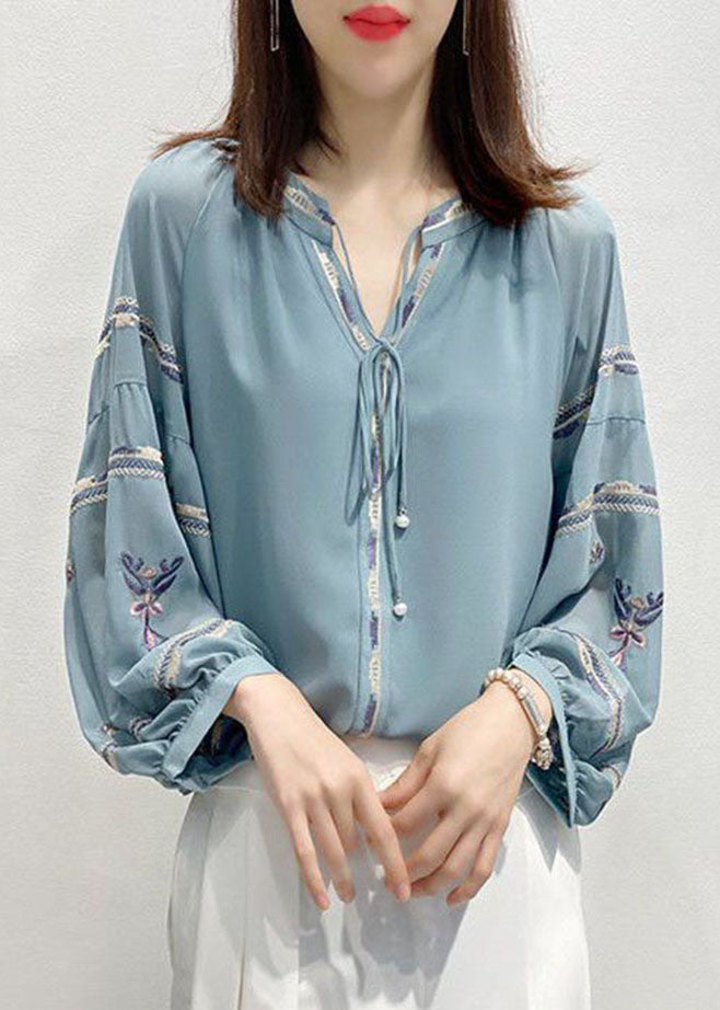 Blue Embroideried V Neck Chiffon Shirt Top Three Quarter Sleeve