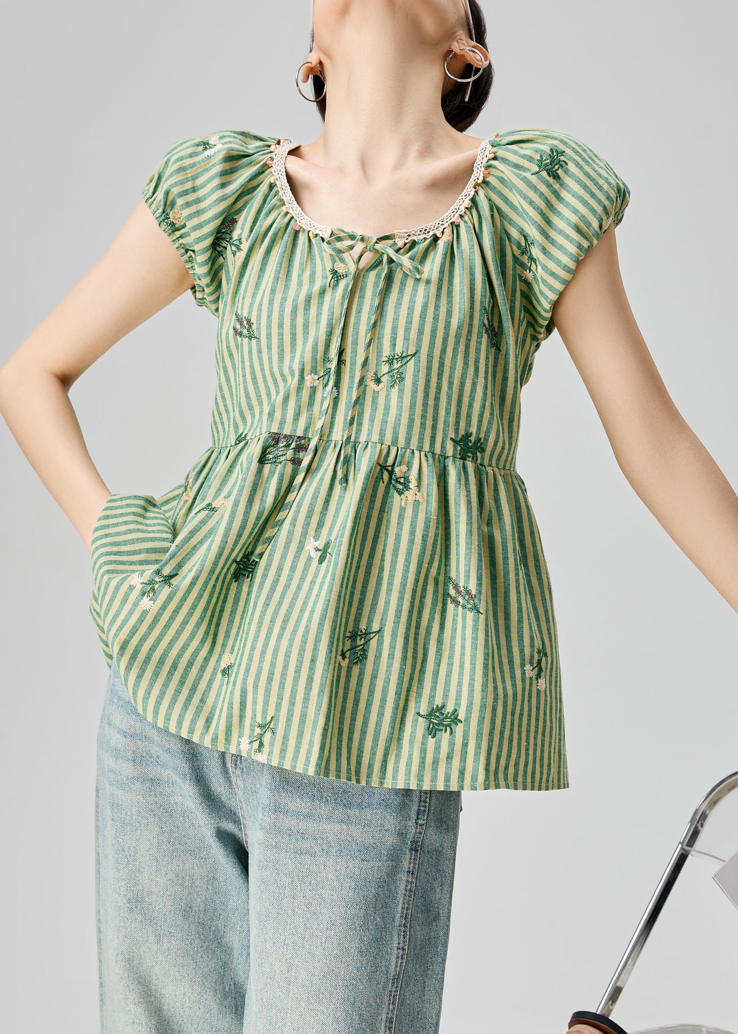 Striped Green Print Lace Up Cotton Shirts Summer