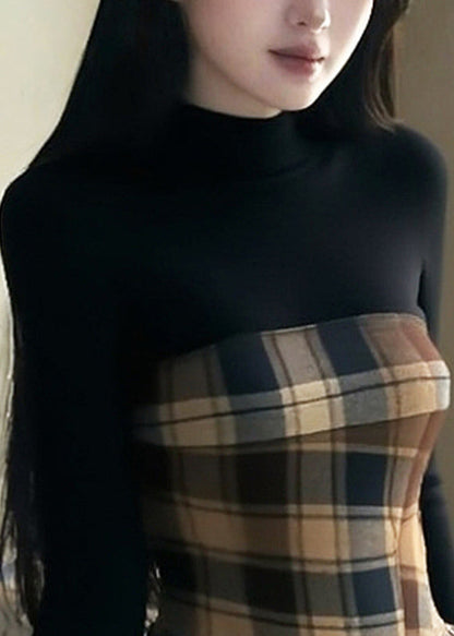 Black Tasseled Plaid Patchwork Knitting Cotton Tops Fall