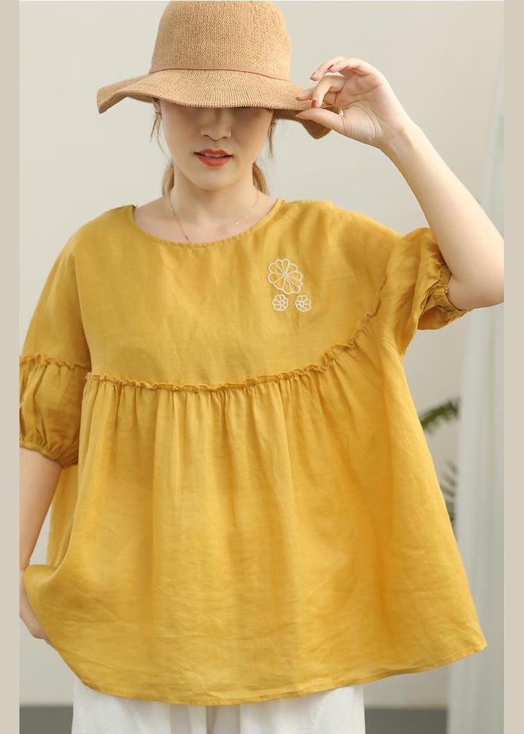 Organic Yellow Embroideried Cinched Cotton Shirt Summer