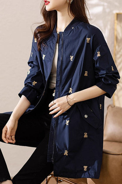 Navy Bear Embroidered Spandex Trench Coats Fall