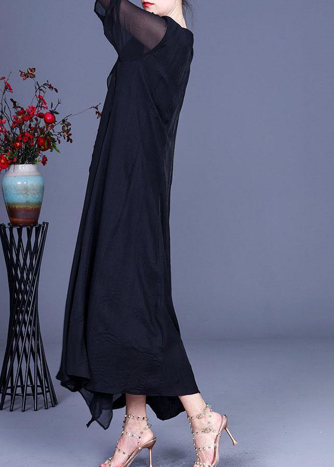 Modern Black Patchwork Asymmetrical Summer Silk Long Dress