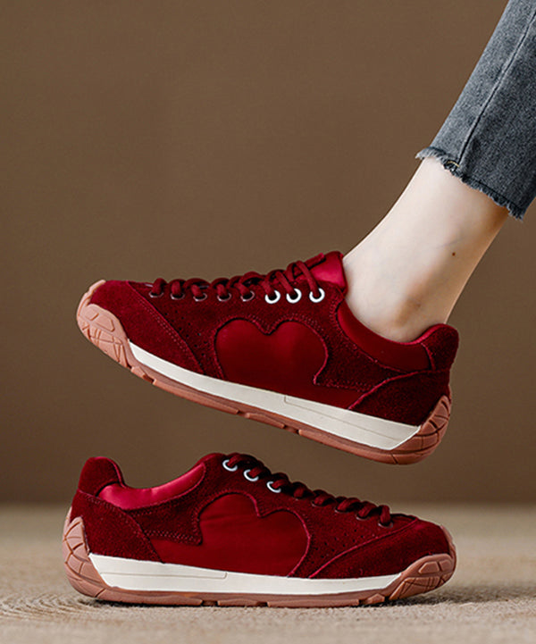 Red Lace Up Platform Suede Splicing Flats